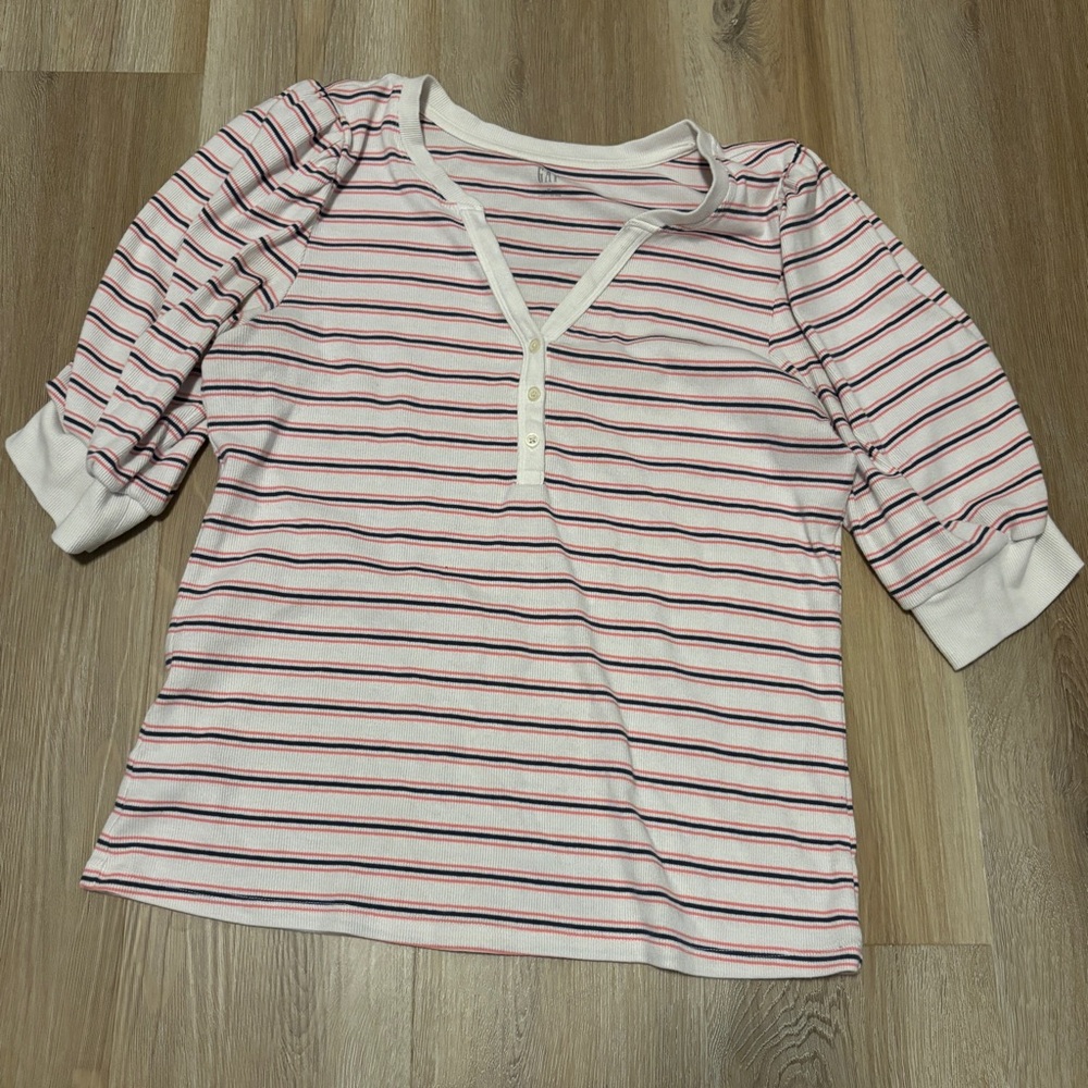 Gap Fitted Ribbed Stripe Henley Puff Sleeve Top XL